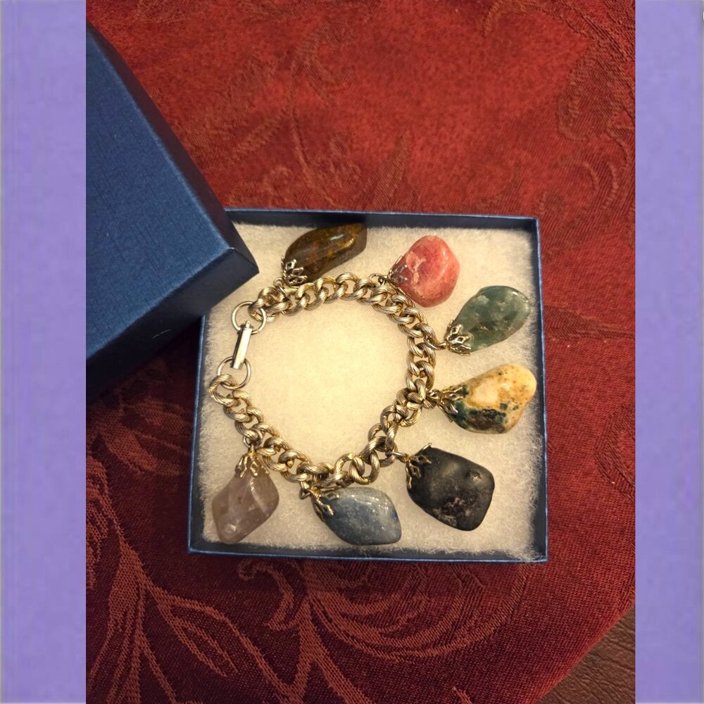 Vintage Natural Gemstone Charm Bracelet W/Multi color Natural Stones